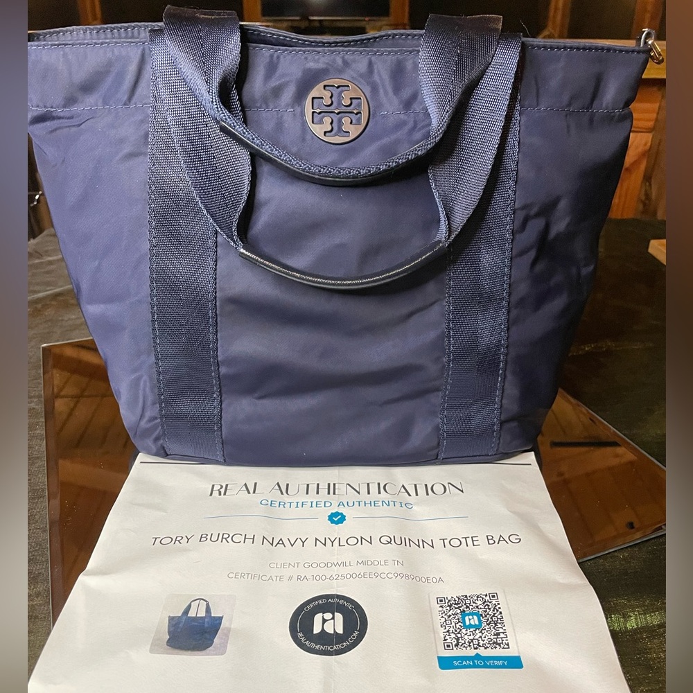 Tory Burch “Quinn” navy nylon tote w/ COA